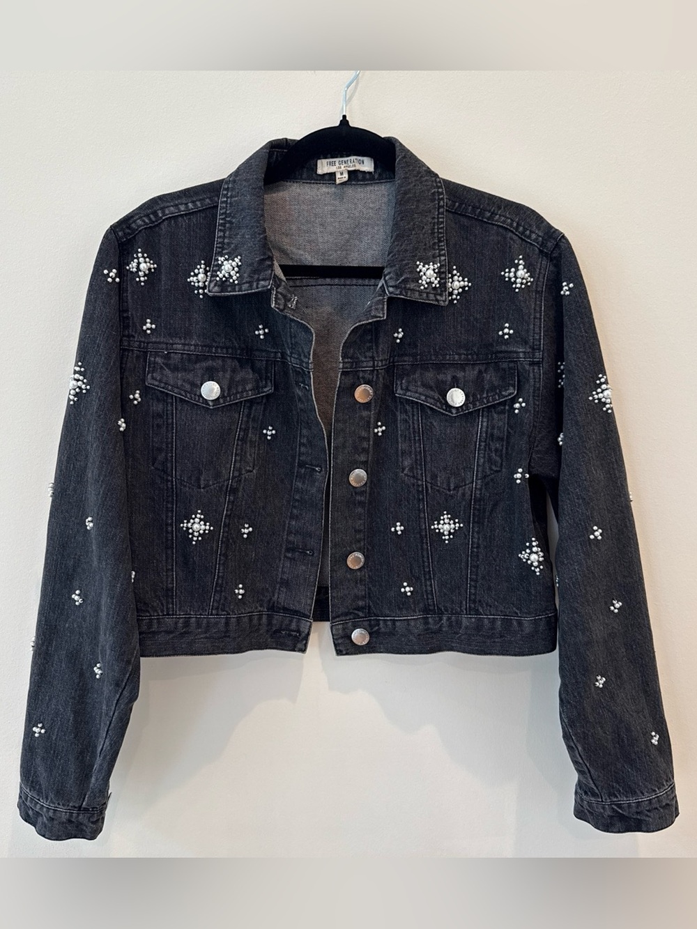 Embellished Black Cropped Denim Jacket with Pearl Accents